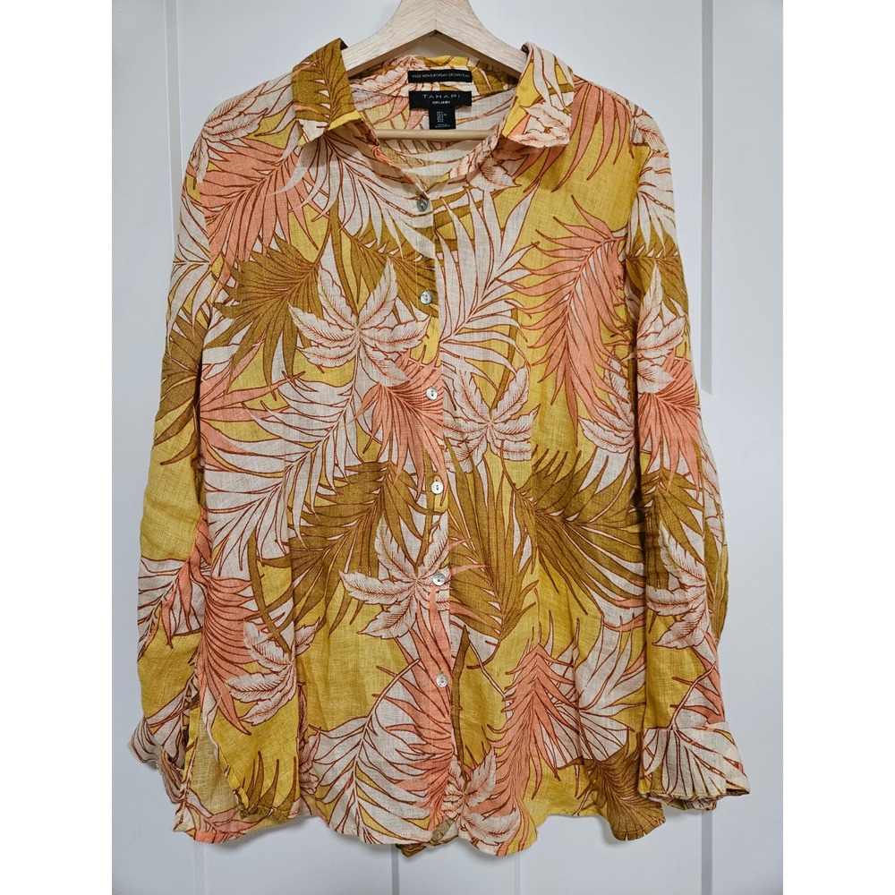 Tahari Women's L 100% Linen Tropical Palm Leaf Button Down Shirt Yellow Coral